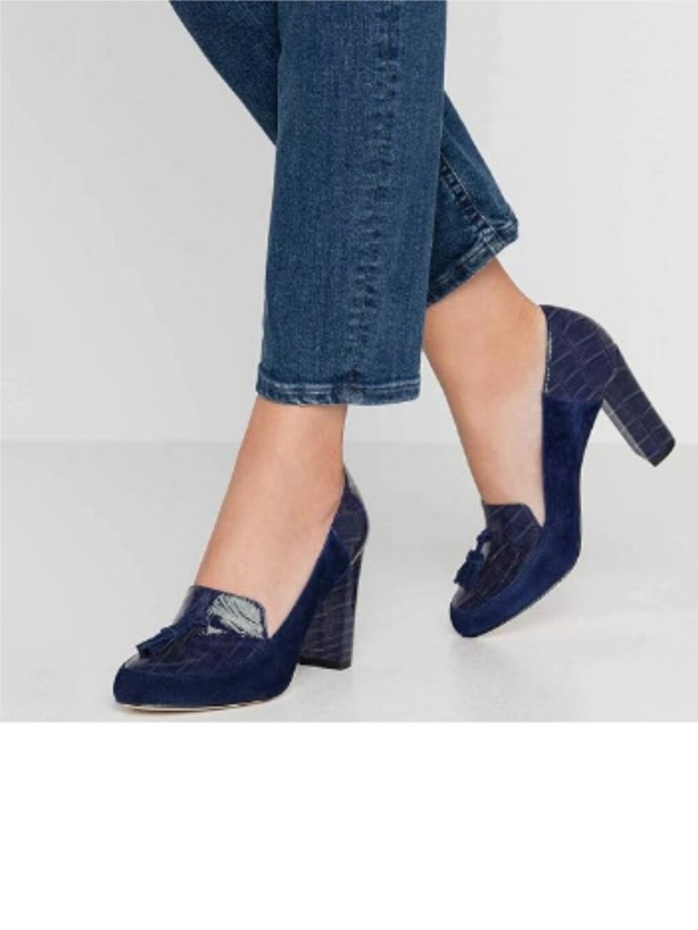 YDN Royal Blue Tassels Block High Heels Pumps Suede Patent Leather Fringed Shoes